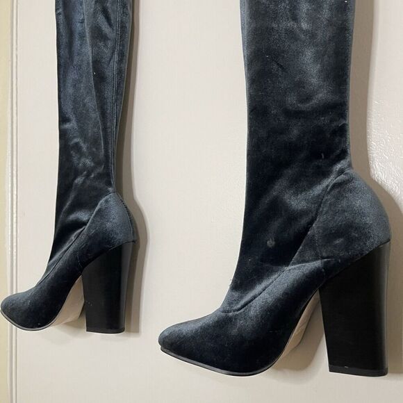 ZARA teal blue point toe velvet velour thigh high sock heeled boots 37 US 6.5 - Picture 9 of 10